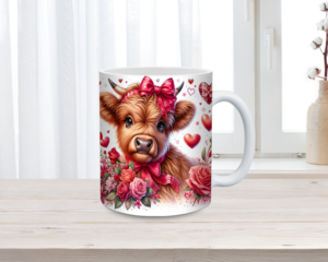 Brown Highland cow ceramic mug personalized with a name. Highland cow mug with red bow and flowers. Custom farmhouse cow coffee cup, 11 oz. 